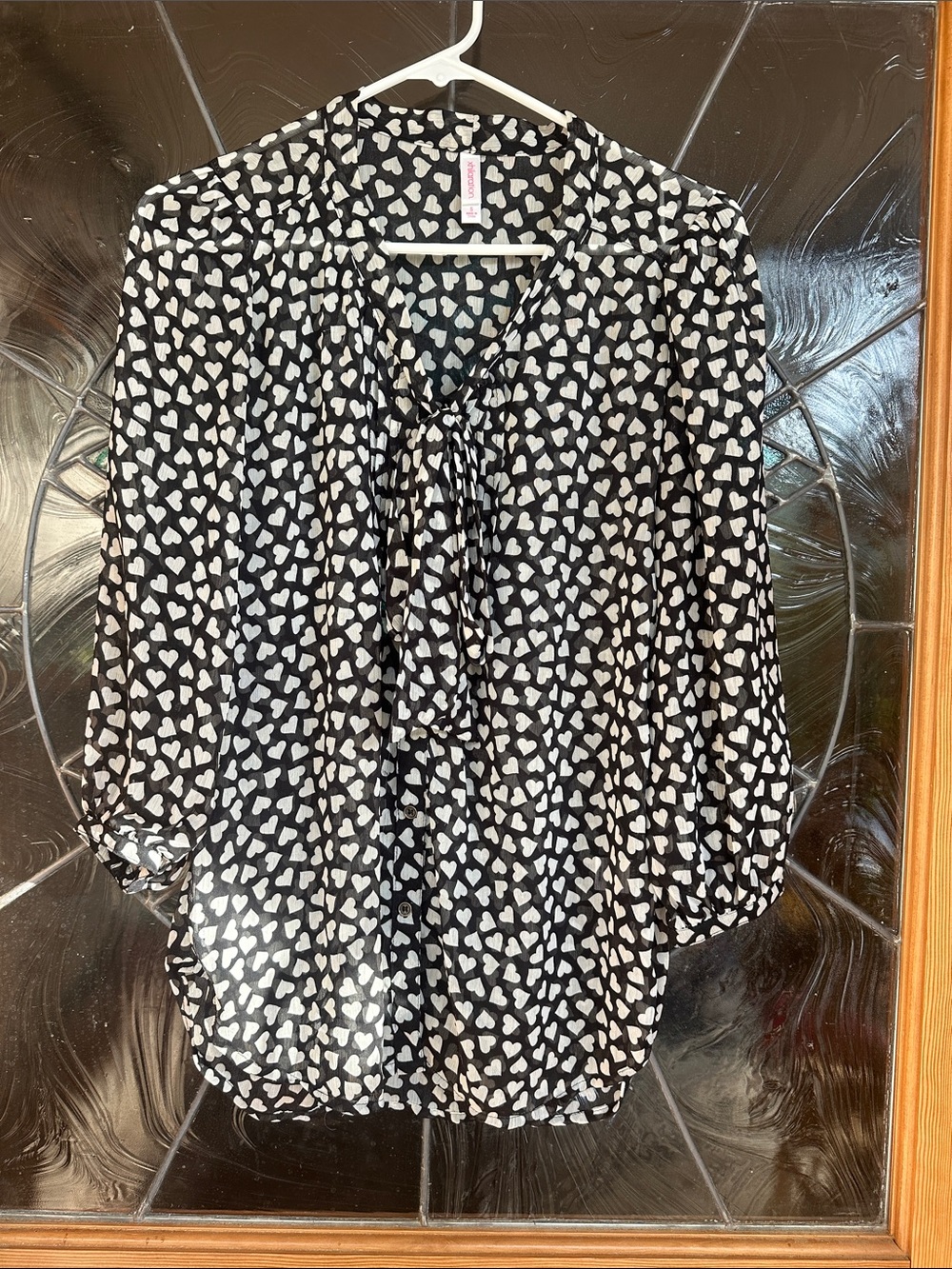 Xhilaration Black Heart-Print Tie-Neck Blouse